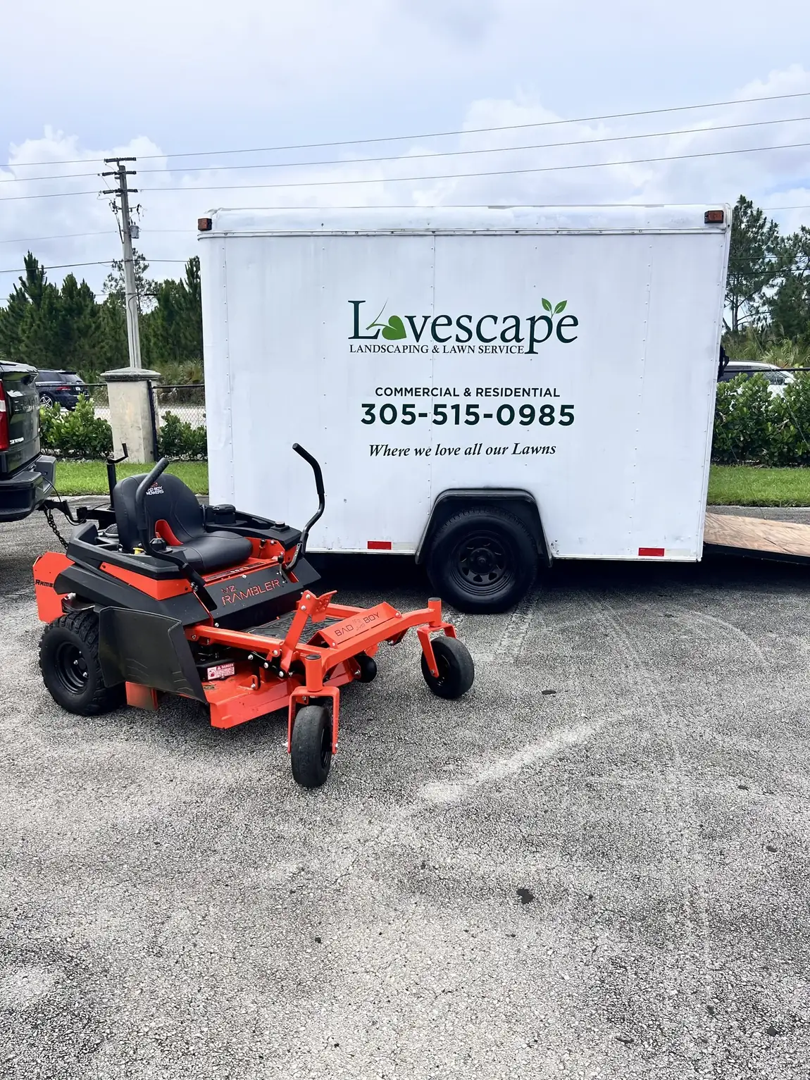 Lovescape Landscaping trailer and zero-turn mower in Cutler Bay, FL